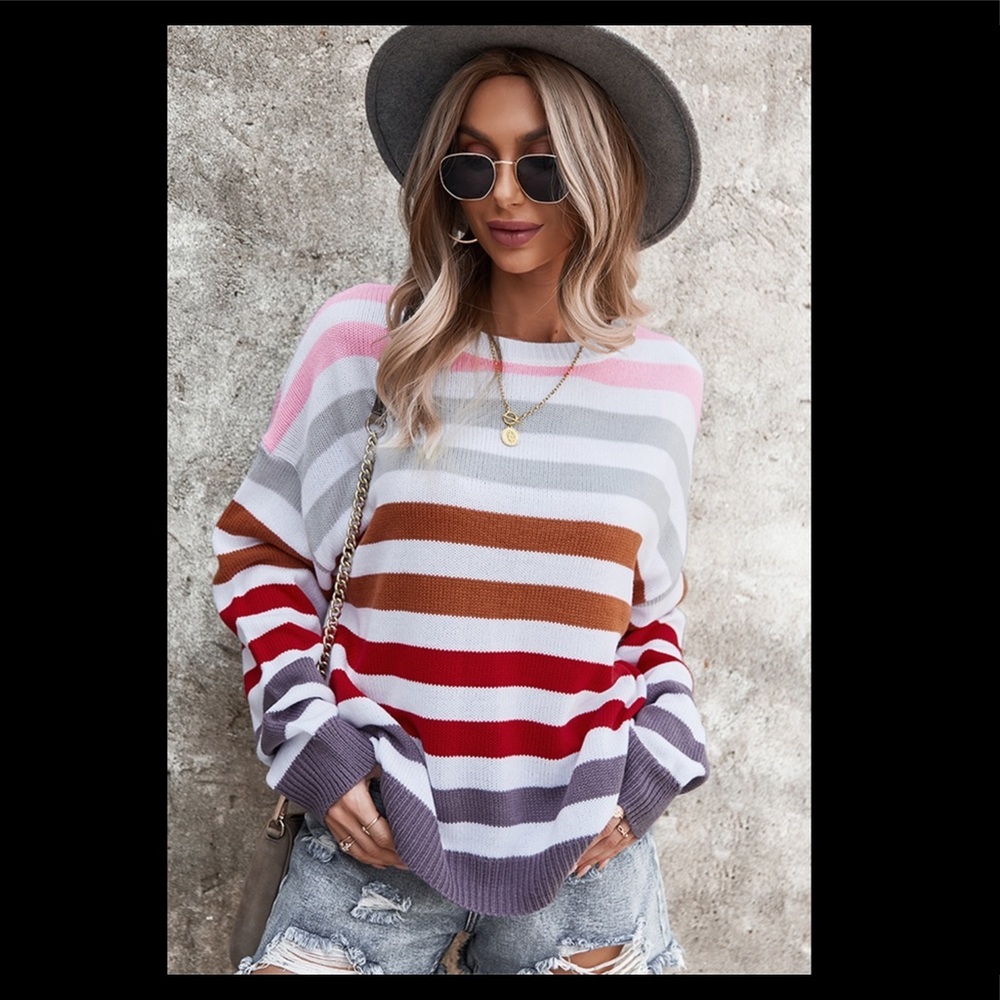 Multi colored striped crew neck sweater.